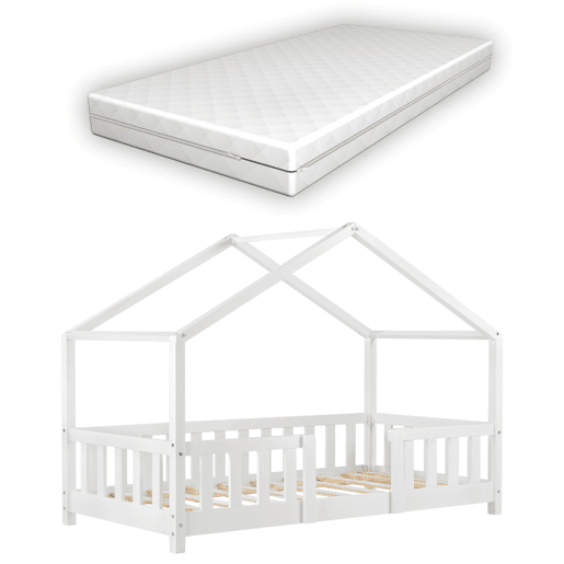 Cama de criança Treviolo em forma de casa em pinho com colchão 70x140 cm branco mate en.casaneu.haus.
