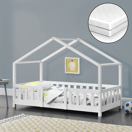 Cama de criança Treviolo em forma de casa em pinho com colchão 70x140 cm branco mate en.casaneu.haus.