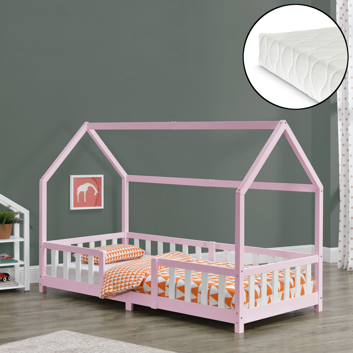 Cama para niños Sisimiut forma de casa con colchón 96x206 Rosa