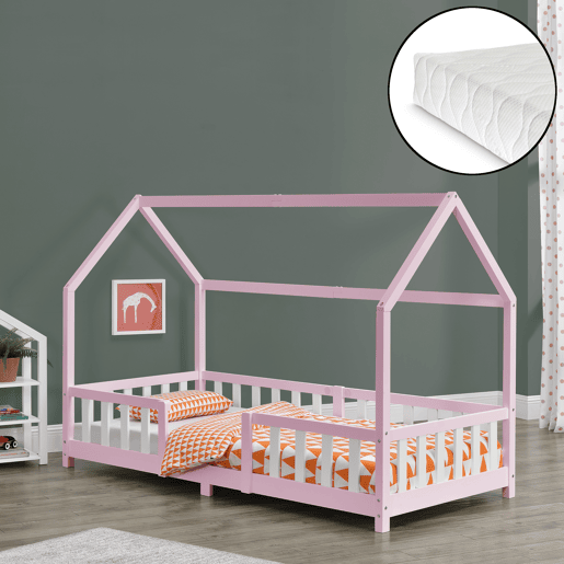 Cama de criança Sisimiut forma de casa pinho com colchão 90x200 cm rosa branco mate en.casaneu.haus