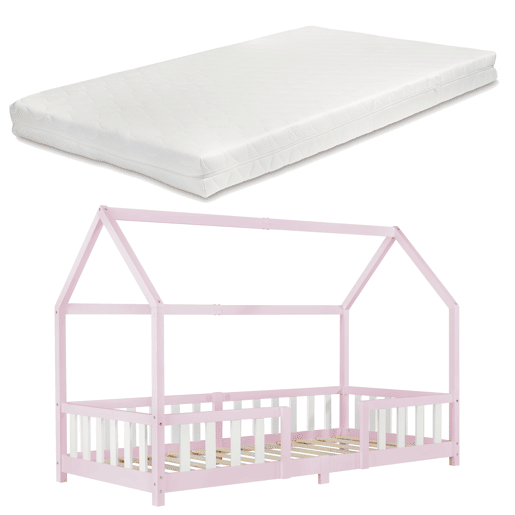 Cama de criança Sisimiut forma de casa pinho com colchão 90x200 cm rosa branco mate en.casaneu.haus
