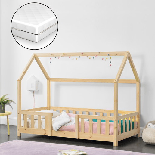Cama de criança Sisimiut forma de casa pinho com colchão 80x160 cm natural en.casaneu.haus.