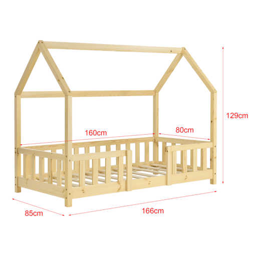 Cama de criança Sisimiut forma de casa pinho com colchão 80x160 cm natural en.casaneu.haus.