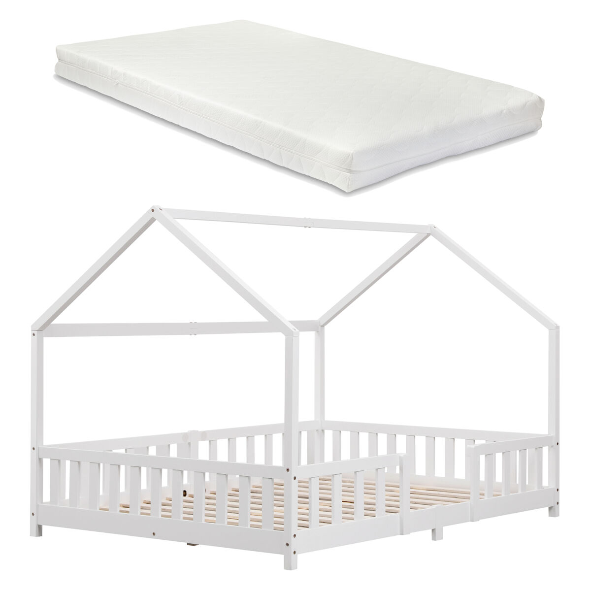 Cama para niños sisimiut forma de casa pino con colchón 140x200 cm blanco [en.casa][neu.haus]