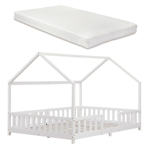 Cama de criança Sisimiut forma de casa pinho com colchão 140x200 cm branco mate en.casaneu.haus.