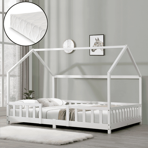 Cama de criança Sisimiut forma de casa pinho com colchão 140x200 cm branco mate en.casaneu.haus.