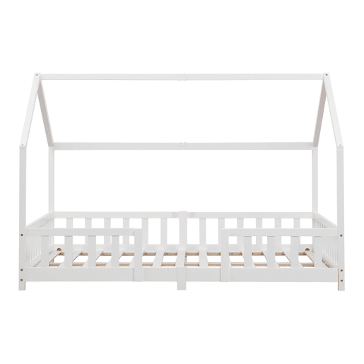 Cama de criança Sisimiut forma de casa pinho com colchão 140x200 cm branco mate en.casaneu.haus.