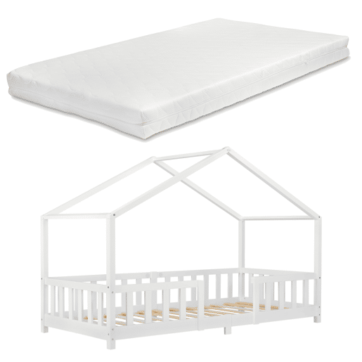 Cama de criança Treviolo em forma de casa em pinho com colchão 90x200 cm branco mate en.casaneu.haus.