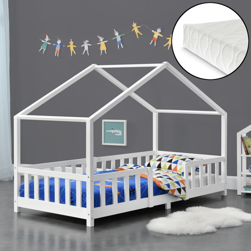Cama de criança Treviolo em forma de casa em pinho com colchão 90x200 cm branco mate en.casaneu.haus.