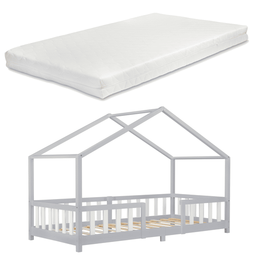 Cama de criança Treviolo em forma de casa de pinho com colchão 90x200 cm - Cinzento claro Branco en.casaneu.haus.