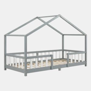 Cama de criança Treviolo forma de casa pinho + colchão 90x200 cm - Cinzento claro en.casa