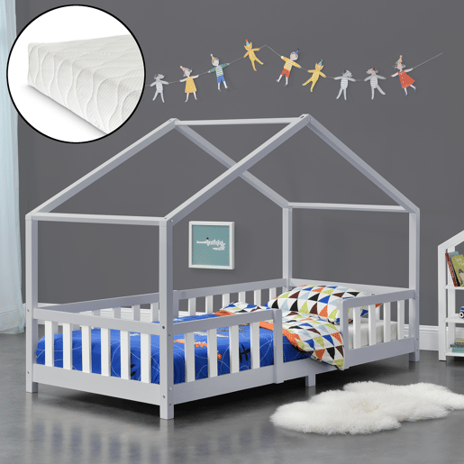 Cama de criança Treviolo em forma de casa de pinho com colchão 90x200 cm - Cinzento claro Branco en.casaneu.haus.