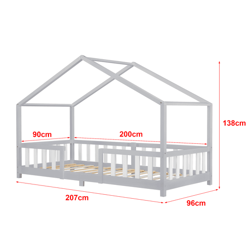 Cama de criança Treviolo em forma de casa de pinho com colchão 90x200 cm - Cinzento claro Branco en.casaneu.haus.