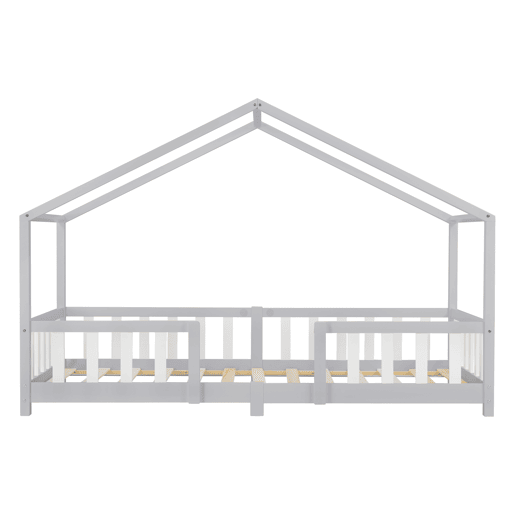 Cama de criança Treviolo em forma de casa de pinho com colchão 90x200 cm - Cinzento claro Branco en.casaneu.haus.