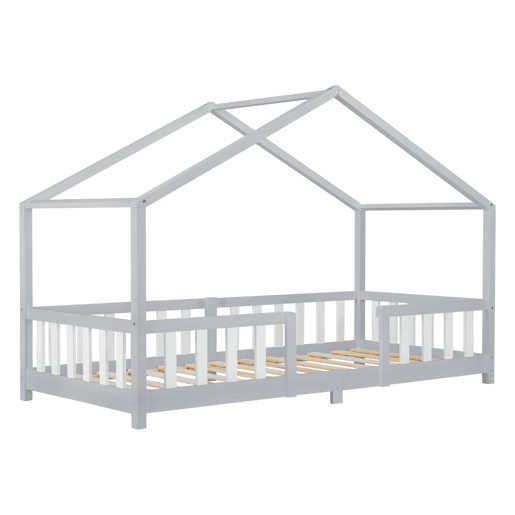 Cama de criança Treviolo forma de casa pinho 90x200 cm cinzento claro e branco mate en.casa.