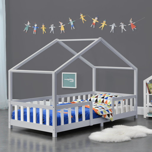 Cama de criança Treviolo forma de casa pinho 90x200 cm cinzento claro e branco mate en.casa.