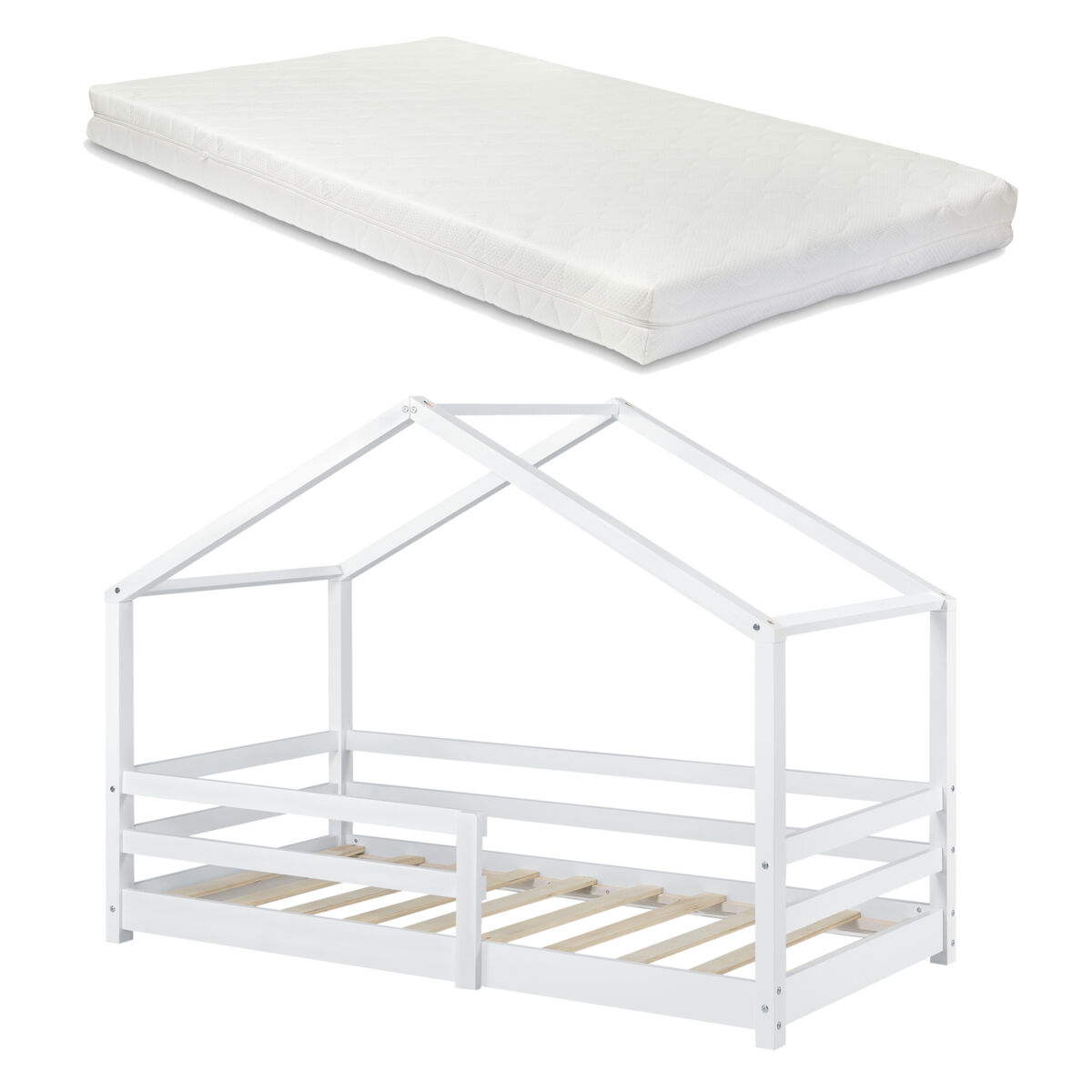 Cama para niños Knätten - Casita - con colchón ortopédico, reja 97x205 Blanco/ Beige