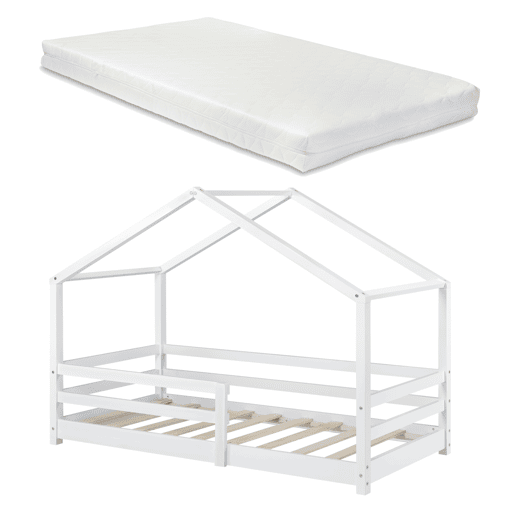 Cama de criança Knätten - Cottage - com colchão, estrado de ripas e estrado de molas - pinho 90 x 200 cm - branco mate en.casa.
