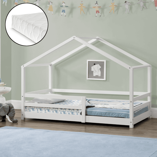 Cama de criança Knätten - Cottage - com colchão, estrado de ripas e estrado de molas - pinho 90 x 200 cm - branco mate en.casa.