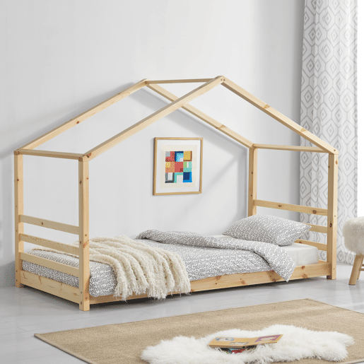 Cama de criança Vardø Pine 90 x 200 cm - Forma de casa - Cor Pine Natural en.casa.