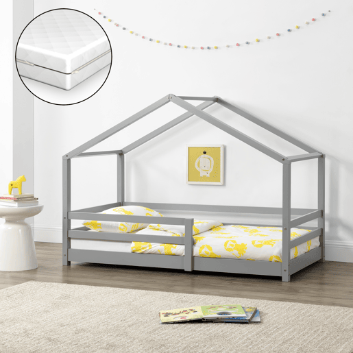 Cama de criança Knätten - Cottage - com colchão ortopédico, estrado de ripas e estrado de molas - pinho 70 x 140 cm - cinzento claro en.casa.
