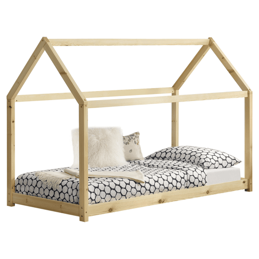 Cama de criança Netstal em madeira de pinho Forma de casa - 206x98x142cm - Pinho natural en.casa.