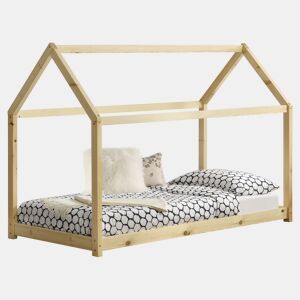 Cama de criança Netstal em madeira de pinho Forma de casa - 206x98x142cm - Pinho natural en.casa.
