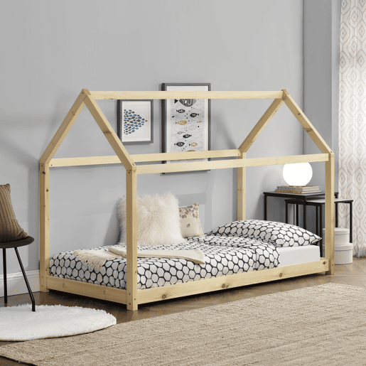 Cama de criança Netstal em madeira de pinho Forma de casa - 206x98x142cm - Pinho natural en.casa.