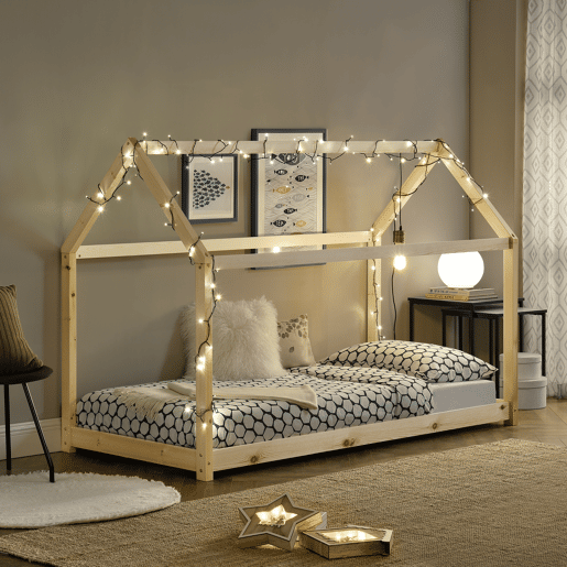 Cama de criança Netstal em madeira de pinho Forma de casa - 206x98x142cm - Pinho natural en.casa.