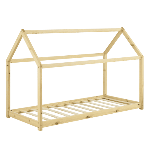 Cama de criança Netstal em madeira de pinho Forma de casa - 206x98x142cm - Pinho natural en.casa.