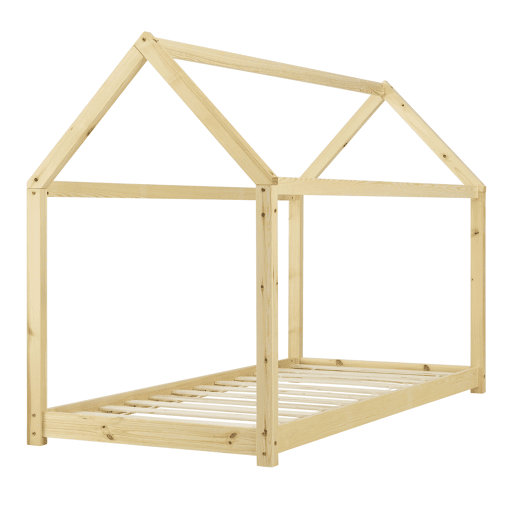 Cama de criança Netstal em madeira de pinho Forma de casa - 206x98x142cm - Pinho natural en.casa.