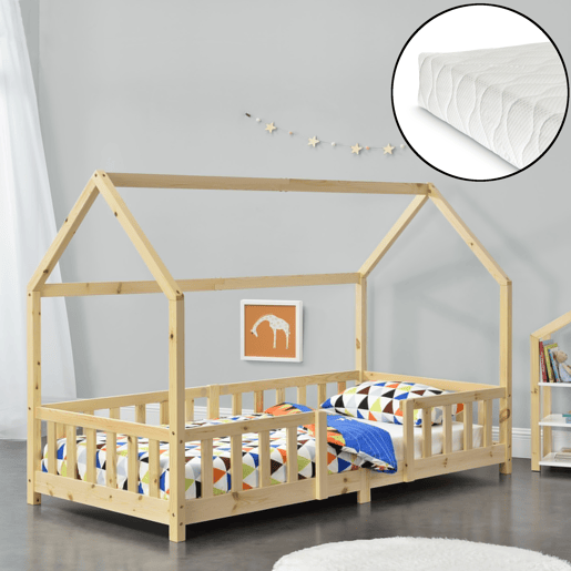 Cama de criança Sisimiut forma de casa pinho com colchão 90x200 cm natural en.casaneu.haus