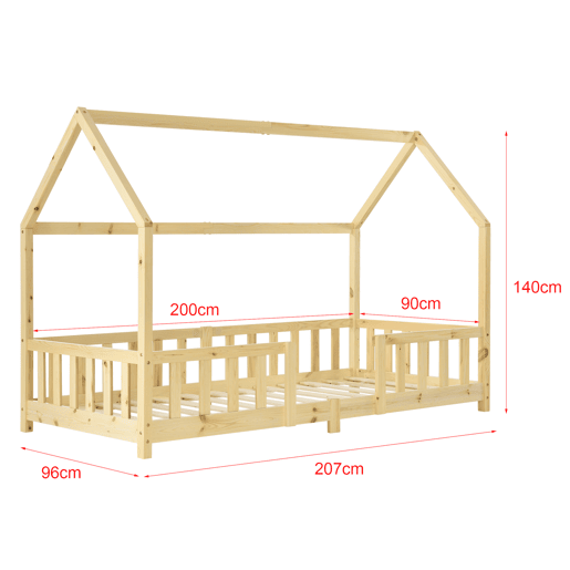 Cama de criança Sisimiut forma de casa pinho com colchão 90x200 cm natural en.casaneu.haus