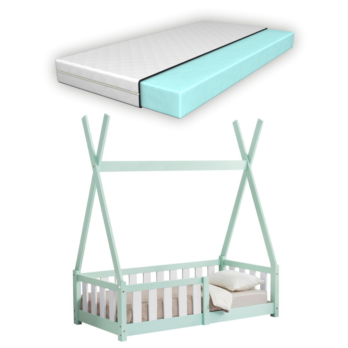 Cama infantil helsingborg con reja de seguridad y colchón - diseño tipi - pino 140x70 cm - verde menta [en.casa]