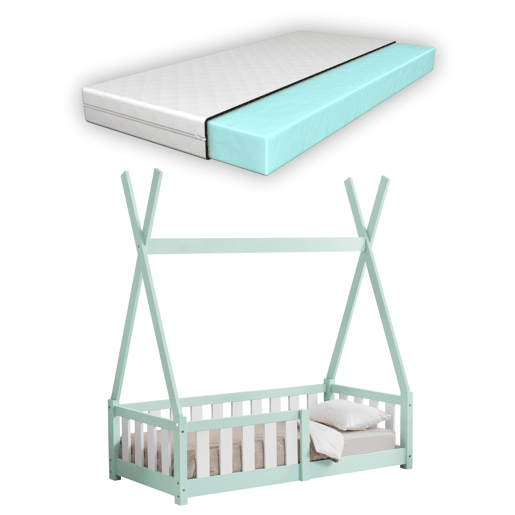 Cama de criança Helsingborg com grelha de segurança e colchão - Tipi Design - pinho 140x70 cm - verde menta en.casa.