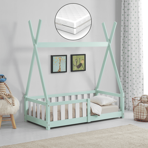 Cama de criança Helsingborg com grelha de segurança e colchão - Tipi Design - pinho 140x70 cm - verde menta en.casa.
