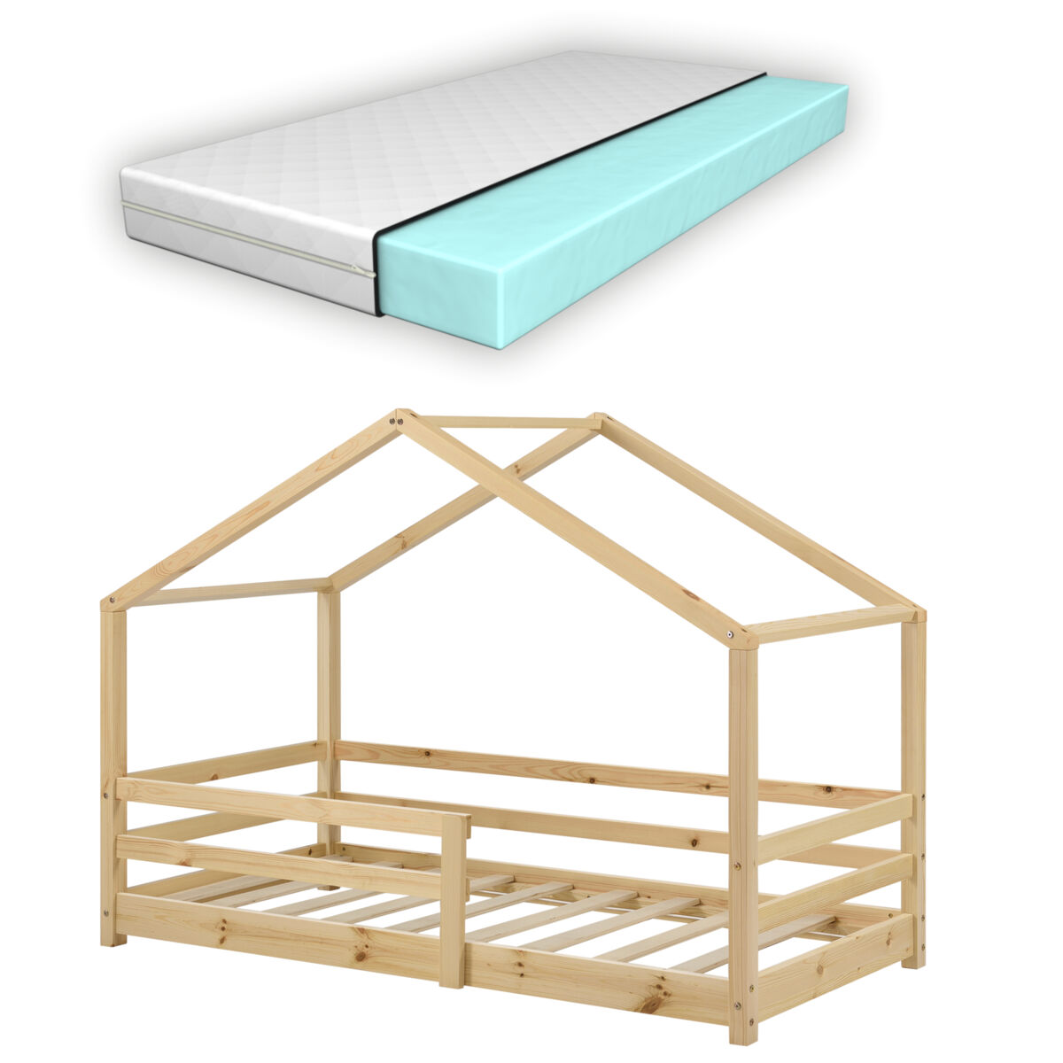 Cama para niños Knätten - Casita - con colchón ortopédico, reja 77x145 Natural