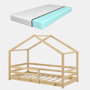 Cama de criança Knätten - Cottage - com colchão ortopédico, estrado de ripas e estrado de molas - pinho 70 x 140 cm - Natural en.casa.