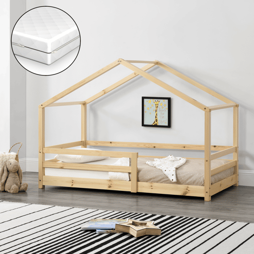Cama de criança Knätten - Cottage - com colchão ortopédico, estrado de ripas e estrado de molas - pinho 70 x 140 cm - Natural en.casa.