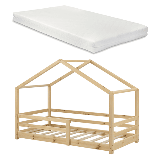 Cama de criança Knätten - Casa de campo - com colchão, estrado de ripas e estrado de molas - pinho 90 x 200 cm - Natural en.casa.