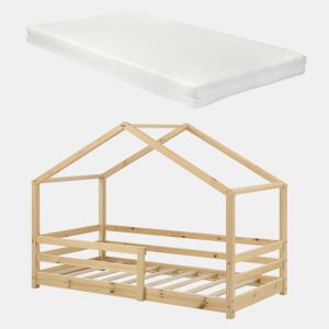 Cama de criança Knätten - Casa de campo - com colchão, estrado de ripas e estrado de molas - pinho 90 x 200 cm - Natural en.casa.