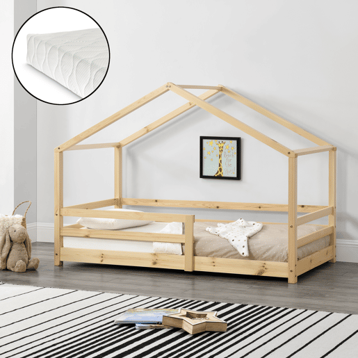 Cama de criança Knätten - Casa de campo - com colchão, estrado de ripas e estrado de molas - pinho 90 x 200 cm - Natural en.casa.