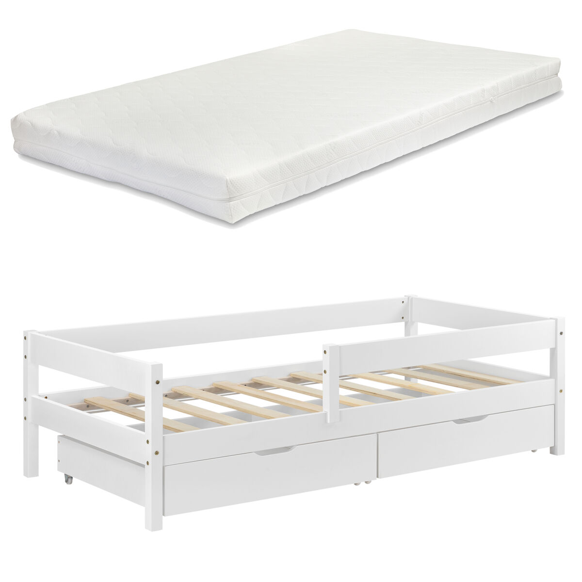 Cama para niños borgarnes con colchón, 2 cajones, somier y protección contra caídas - pino 90 x 200 cm - blanco [en.casa]