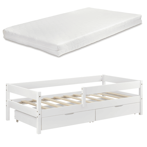 Cama de criança Borgarnes com colchão, 2 gavetas, estrado de molas e protecção anti-queda - pinho 90 x 200 cm - Branco en.casa.