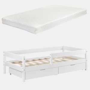 Cama de criança Borgarnes com colchão, 2 gavetas, estrado de molas e protecção anti-queda - pinho 90 x 200 cm - Branco en.casa.