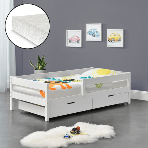 Cama de criança Borgarnes com colchão, 2 gavetas, estrado de molas e protecção anti-queda - pinho 90 x 200 cm - Branco en.casa.
