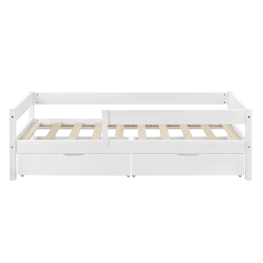 Cama de criança Borgarnes com colchão, 2 gavetas, estrado de molas e protecção anti-queda - pinho 90 x 200 cm - Branco en.casa.