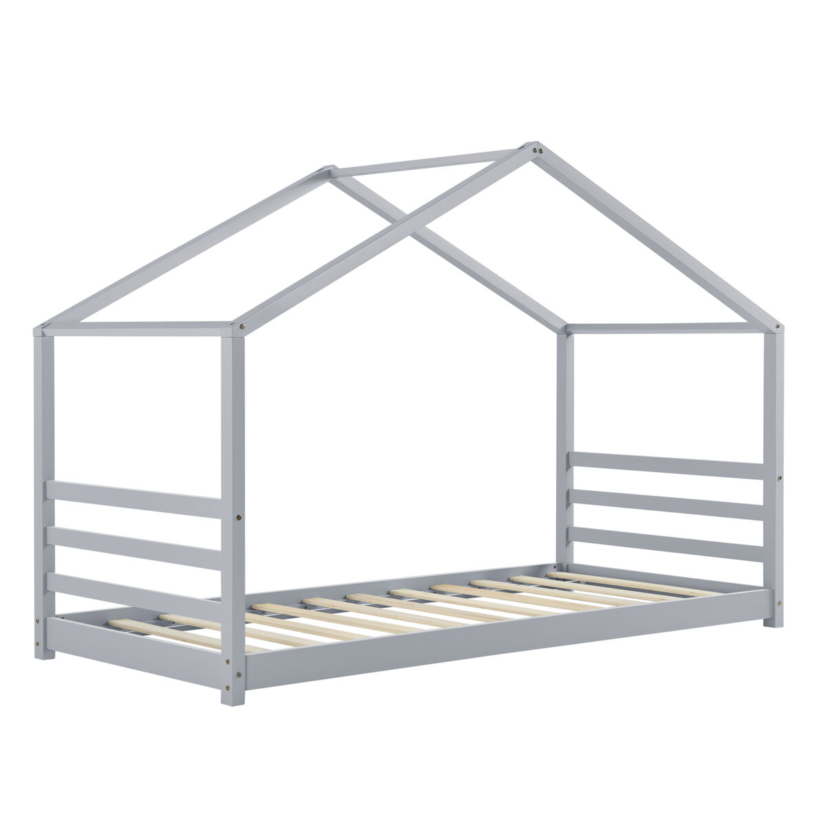 Cama para niños vardø con somier - forma de casa - pino 200 x 90 cm - gris lacado mate [en.casa]