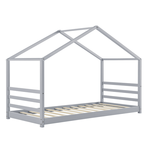 Cama de criança Vardø com estrado de molas - Forma de casa - pinho 200 x 90 cm - Lacado cinzento mate pt.casa.