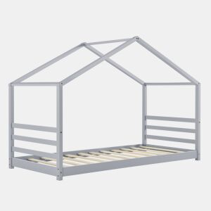 Cama de criança Vardø com estrado de molas - Forma de casa - pinho 200 x 90 cm - Lacado cinzento mate pt.casa.